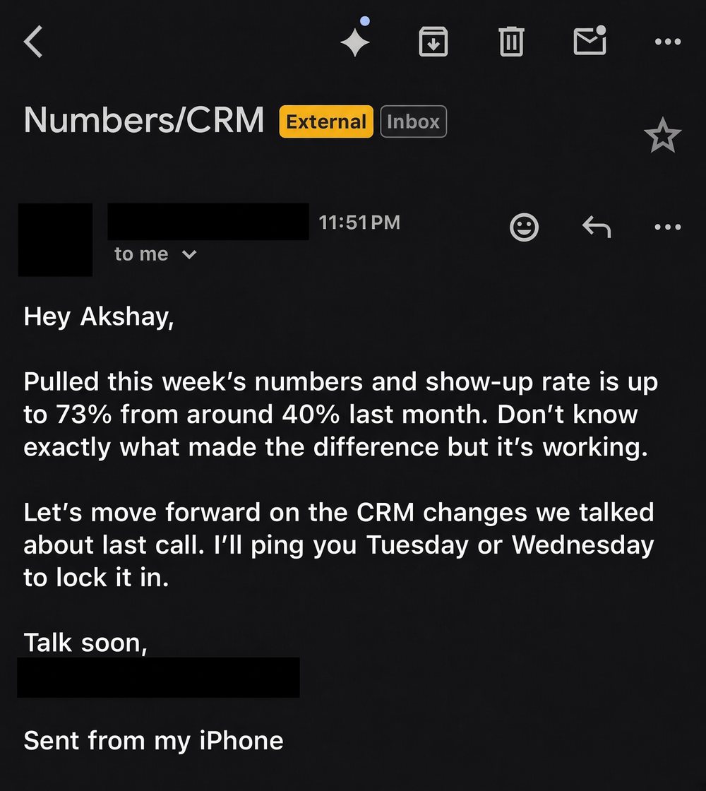 Redacted email from a client reporting that their weekly show-up rate rose to 73% from around 40% the previous month, and asking to move forward on CRM changes.